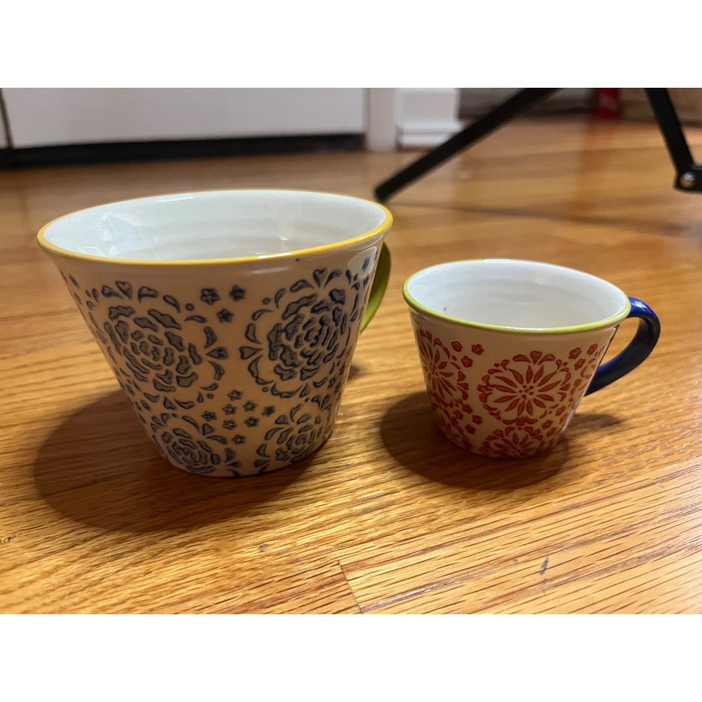 Vtg Pier 1 Imports Hand Painted Stoneware Measuring Cups Set 1 Cup & 1/3 Cup